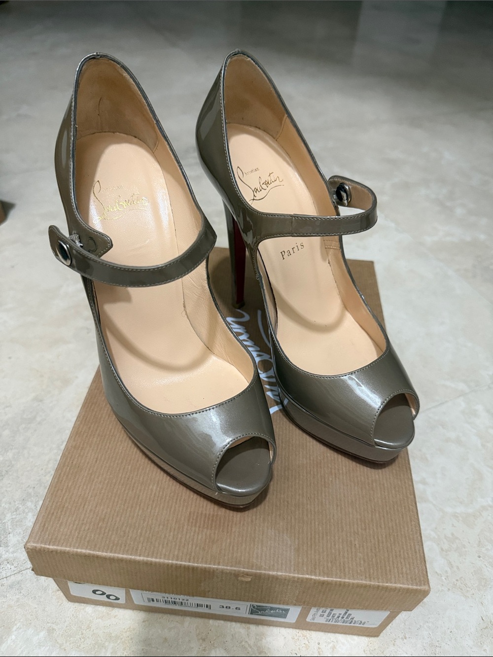 Christian Louboutin Olive Patent Mary Jane Peep-Toe Heels